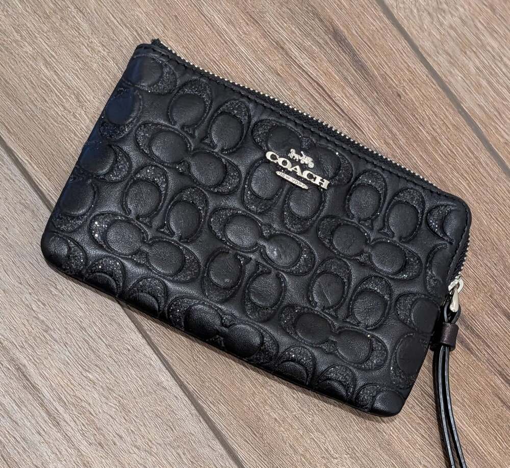 Coach Signature Shimmer Glitter Black Leather Corner Zip Wristlet
